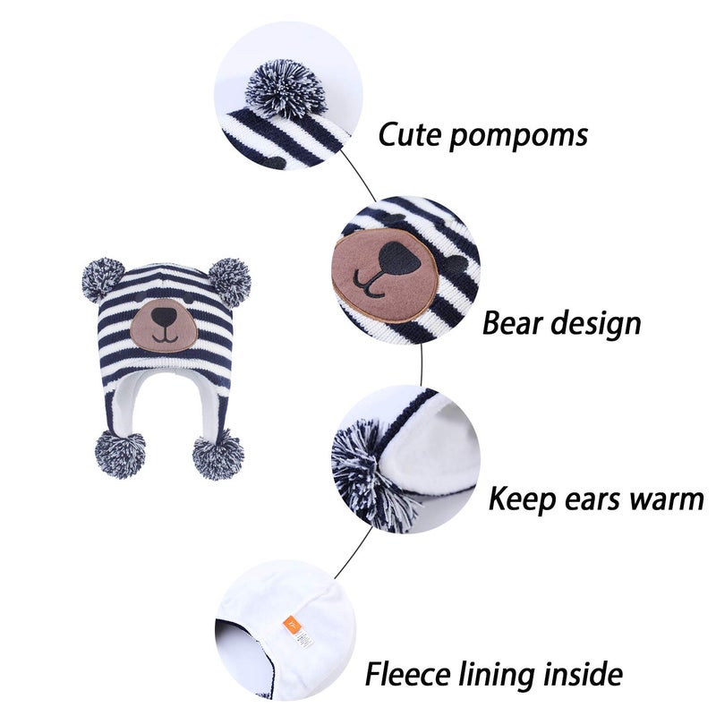 LANGZHEN Toddler Kids Infant Winter Hat,Earflap Knit Warm Cap Fleece Lined Beanie for Baby Boys (Bear -Navy Stripe, L(50-52CM/19.69"-20.47")) - Image 5